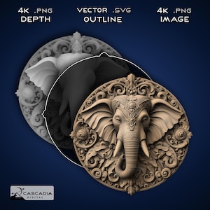 Cabeza de elefante redonda: imagen PNG 4K grabada con láser, mapa de profundidad, archivo de corte de contorno exacto, ilusión 3D: fauna silvestre, naturaleza, África, India 1578