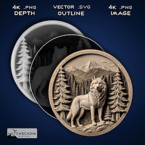 Moneda redonda con diseño de lobos en el bosque: imagen PNG grabada con láser en 4K, mapa de profundidad, archivo de corte de contorno exacto, ilusión 3D, perro, zorro, naturaleza salvaje, posavasos, 1781