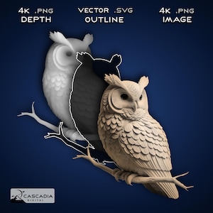 Gehörnte Eule Perched - Lasergravur 4K PNG Bild, Tiefe Karte, Exact-Outline Cut File, 3D Illusion - Tierwelt nächtlicher Vogel 1564