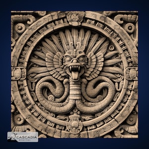 Aztec Mayan - Laser gravieren 4K PNG Bild, Tiefe Karte, Holz Schiefer 3D Illusion - Quetzalcoatl mexikanisches Fabelwesen 1515