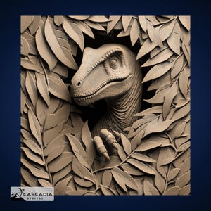 Puede incluir: Una escultura impresa en 3D de un velociraptor asomándose desde detrás de una pared de hojas. La escultura está hecha de un material marrón claro y tiene una textura realista.
