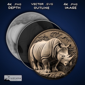 Rhino Round - Laser Engrave 4K PNG Image, Depth Map, Exact-Outline Cut File, 3D Illusion -  Animal coin coaster wildlife africa nature 1774
