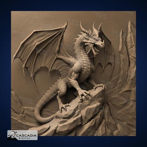 May include: A detailed relief sculpture of a dragon with outstretched wings, perched on a rocky outcropping. The dragon has horns, sharp claws, and an open mouth. The artwork is in shades of brown and tan, with the text "Cascadia Digital" repeated.