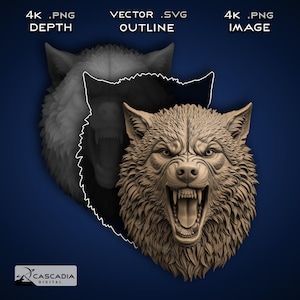 Puede incluir: Representación 3D detallada de una cabeza de lobo gruñendo, mostrando una intrincada textura de pelaje y dientes afilados. La imagen incluye variaciones de profundidad, contorno e imagen, con textos: "4K .PNG DEPTH", "VECTOR .SVG OUTLINE" y "4K .PNG IMAGE". El logotipo de Cascadia Digital está en la esquina inferior izquierda.