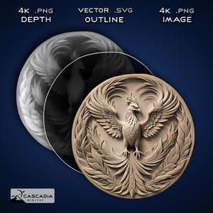 Phoenix Round - Lasergravur 4K PNG Bild, Tiefenkarte, Exact-Outline Cut File, 3D Illusion - Mythisches Tier Vogel Untersetzermünze gravieren 1529