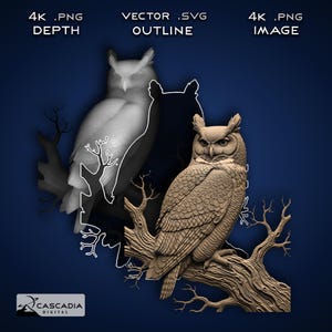 May include: A detailed, three-dimensional rendering of a brown owl perched on a tree branch, set against a dark blue background. The image includes a depth map, vector outline, and a final image, with text reading "4K .PNG DEPTH", "VECTOR .SVG OUTLINE", and "4K .PNG IMAGE".