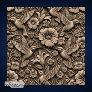 May include: A detailed, sepia-toned relief pattern featuring hummingbirds and floral elements. The design includes multiple hummingbirds with outstretched wings, surrounded by various flowers and foliage, creating a symmetrical, nature-inspired composition.