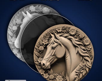 Cabeça de cavalo redonda - Imagem PNG 4K gravada a laser, mapa de profundidade, arquivo de corte de contorno exato, ilusão 3D - animal coaster coin garanhão cowboy 1762