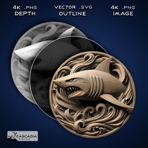 Puede incluir: Un modelo 3D de un tiburón con un diseño detallado e intrincado. El tiburón está rodeado de olas y está tallado en color marrón. El modelo se coloca sobre un fondo azul.