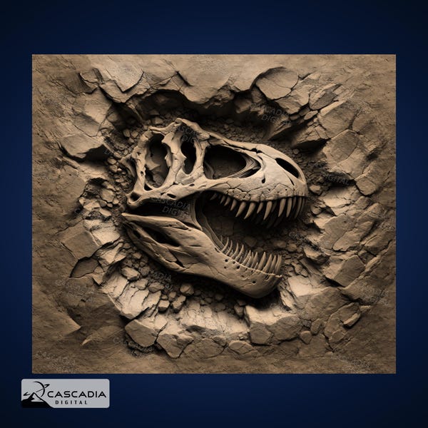 Trex Fossil Skull In Rock - Laser PNG and Depth Map for Glowforge and LightBurn