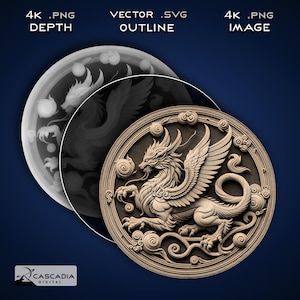 May include: A detailed 3D model of a winged mythical creature with a dragon-like head, carved in a circular frame. The creature is depicted with intricate details, including scales, claws, and feathers. The background is a dark blue.