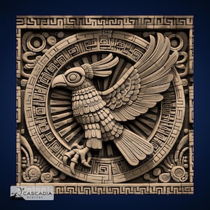 Pájaro azteca maya - Imagen PNG 4K grabada con láser, mapa de profundidad, ilusión 3D de pizarra de madera - Criatura mítica mexicana Quetzalcóatl 1520