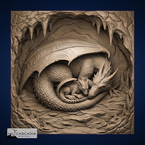 May include: A 3D printed sculpture of a mother dragon curled around her baby dragon. The sculpture is made of a light brown material and is set against a textured background that resembles a cave.