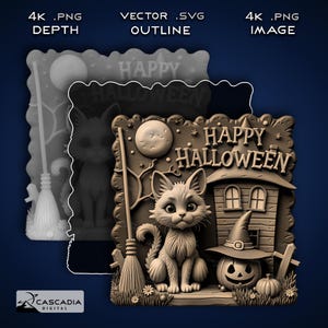 Puede incluir: Un cartel de Halloween impreso en 3D con un gato negro, un sombrero de bruja, una calabaza y una casa. El cartel dice "Happy Halloween".