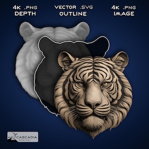 Tigerkopf - Lasergravur 4K PNG Bild, Tiefe Karte, Exact-Outline Cut File, 3D Illusion - Tier Tierwelt Natur Stärke Raubtier 1431