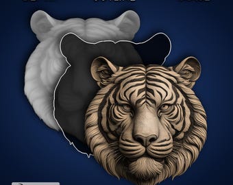 Tiger Head - Laser Engrave 4K PNG Image, Depth Map, Exact-Outline Cut File, 3D Illusion -  Animal wildlife nature strength predator 1431