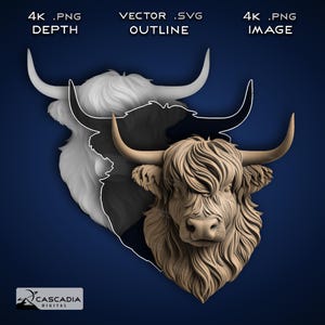 Steer Head Highland Cow - lasergravure 4K png-afbeelding, dieptekaart, gesneden bestand met exacte omtreklijnen, 3D-illusie - boerderijdieren vee vee 1542