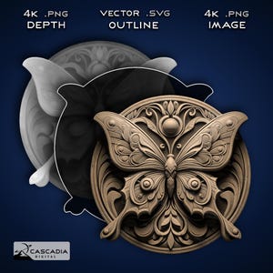 Mariposa redonda: imagen PNG grabada con láser en 4K, mapa de profundidad, archivo de corte de contorno exacto, ilusión 3D: moneda de posavasos de animales salvajes y naturaleza 1344