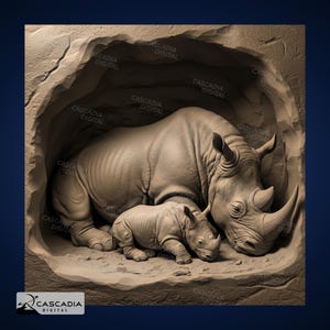 Rhinocéros et bébé qui dort - image PNG 4K gravée au laser, carte de profondeur, illusion 3D en ardoise de bois - fête des mères 2024