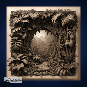 May include: A 3D relief sculpture of a jungle scene. The sculpture is made of a light brown material and depicts a path leading through a dense forest. The path is lined with trees and plants, and the background is a hazy view of mountains.