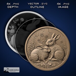 May include: A circular digital graphic featuring a relief-style illustration of two rabbits sitting among flowers and clover. The image includes three layered circular representations labeled 4K .PNG DEPTH, VECTOR .SVG OUTLINE, and 4K .PNG IMAGE.
