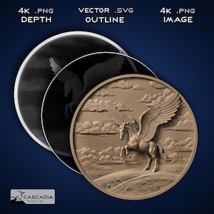 May include: A circular digital relief design featuring a winged horse in a cloudy sky. The image includes three layers labeled 4K .PNG DEPTH, VECTOR .SVG OUTLINE, and 4K .PNG IMAGE. The Cascadia Digital logo is visible in the bottom left corner.