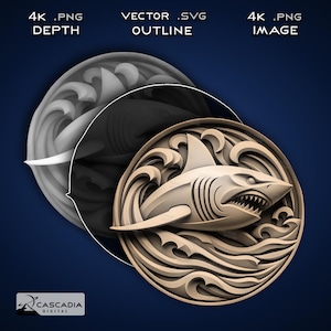 Puede incluir: Una imagen 3D renderizada de un tiburón con un diseño detallado y ornamentado. El tiburón está rodeado de olas estilizadas y se coloca sobre un fondo azul. La imagen está disponible en resolución 4K y como contorno vectorial.