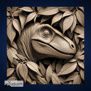 Puede incluir: Primer plano de la cabeza de un dinosaurio asomándose desde detrás de una pared de hojas. La cabeza del dinosaurio está esculpida en un estilo realista, con escamas detalladas y una boca afilada y dentada.