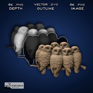 May include: A digital graphic featuring a cluster of owls perched on a branch, presented in three distinct styles: a grayscale depth map, a white vector outline, and a detailed brown 3D-rendered image. Text reads 4K .PNG DEPTH, VECTOR .SVG OUTLINE, 4K .PNG IMAGE.