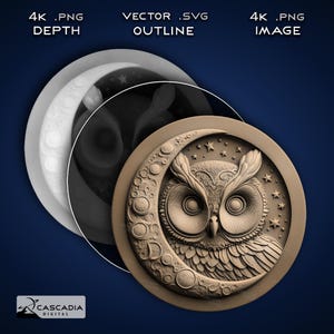 Owl Moon Round - Laser gravieren 4K PNG Bild, Tiefe Karte, Exact-Outline Cut File, 3D Illusion - Tier Tier Natur Vogel Münze 1601