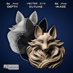 May include: A 3D model of a fox's head with detailed fur and a closed-eye expression. The model is shown in three different views: a depth map, a vector outline, and a 4K image.