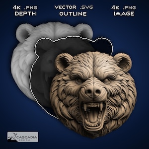 Puede incluir: Un modelo 3D de la cabeza de un oso con una expresión feroz. El oso tiene un patrón de pelaje marrón y blanco y su boca está abierta, mostrando sus dientes. El modelo está renderizado en un estilo realista y es adecuado para la impresión 3D.