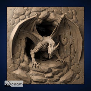 Dragon Rock Cave - Lasergravur 4K PNG Bild, Tiefe Karte, Holz Schiefer 3D Illusion - Feuertier mythische mittelalterliche Burg 1994