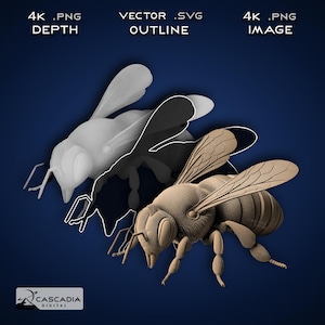 Bij - lasergraveer 4K png-afbeelding, dieptekaart, gesneden bestand met exacte omtreklijnen, 3D-illusie - dieren in het wild natuur prachtige insecten honingbij 1536