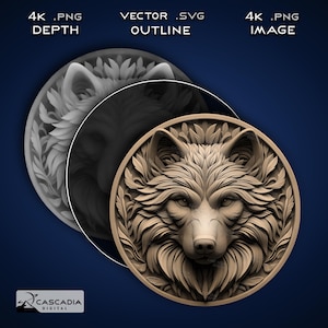 Wolfskopf Rund - Lasergravur 4K PNG Bild, tiefen Karte, Exact-Outline Cut File, 3D Illusion - Tiere Tier Natur Hund Fuchs Münze 1596