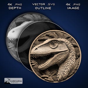 May include: A 3D model of a velociraptor head with a detailed texture, surrounded by tropical leaves. The model is shown in three different views: a depth map, a vector outline, and a full-colour image.