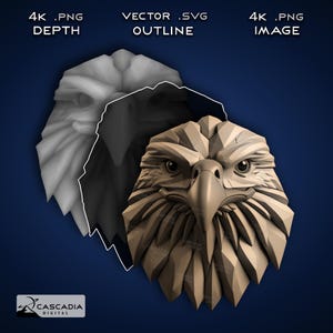 Weißkopfseeadlerkopf - Lasergravur 4K PNG Bild, Tiefe Karte, Exact-Outline Cut File, 3D Illusion - Tiere Wildtier Habicht Vogel Freiheit 1394
