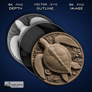 May include: A detailed 3D model of a sea turtle with intricate carvings of coral and seaweed. The turtle is brown and has a textured shell. The model is set against a blue background.