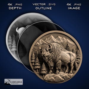 May include: A 3D relief carving of a bison standing in a mountain forest. The bison is brown and white, with a large head and horns. The forest is made up of pine trees and the mountains are in the background. The carving is on a round, wooden plaque.