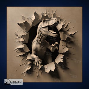 Puede incluir: Ilustración 3D de un dinosaurio rompiendo una pared. El dinosaurio es de color beige claro con dientes y garras afiladas. La pared es de un color beige similar, con grietas y trozos rotos alrededor del dinosaurio. El texto "CASCADIA DIGITAL" es visible.