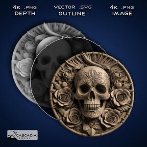 Calavera Skull Flowers Round - Image PNG 4K gravée au laser, carte de la profondeur, fichier de coupe avec le contour exact, illusion 3D - pièce d'Halloween 1375 Dia Muertos