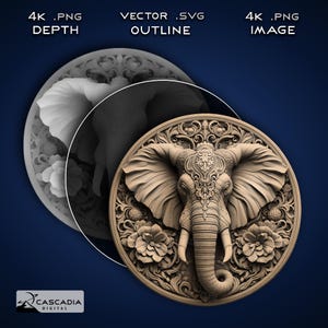 Olifantenkop rond - lasergraveren 4K png-afbeelding, dieptekaart, gesneden bestand met exacte omtreklijnen, 3D-illusie - dieren in het wild natuur Afrika India 1581