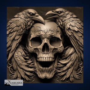 Schädel und Raben - Lasergravur 4K PNG Bild, Tiefenkarte, Holz Schiefer 3D Illusion - Halloween Skelett Gothic Death 1646