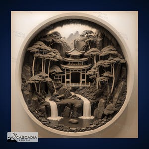 Puede incluir: Una escultura de papel tridimensional detallada de una escena de jardín japonés. La escultura presenta una pagoda, árboles, rocas y cascadas. La escultura está enmarcada en un marco circular de color crema.