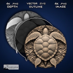 May include: A 3D model of a sea turtle with a detailed shell and coral surrounding it. The model is shown in three different views: a depth map, an outline, and a rendered image.