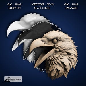 Rabenkopf - Laser gravieren 4K PNG Bild, Tiefenkarte, Exact-Outline Cut File, 3D Illusion - Tiere Wildtiere Vogel Natur Bas Relief 1399