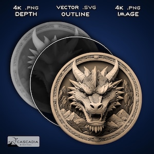 Cabeza de dragón redonda - PNG láser, mapa de profundidad y SVG para Glowforge y LightBurn