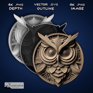 Búho redondo: imagen PNG grabada con láser en 4K, mapa de profundidad, archivo de corte de contorno exacto, ilusión 3D: moneda de posavasos de pájaro nocturno de vida silvestre animal 1485