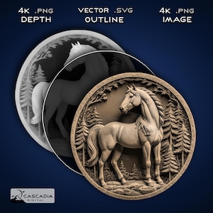 May include: A 3D relief carving of a horse standing in a forest. The horse is brown and white and has a long mane and tail. The forest is made up of tall pine trees. The carving is set against a blue background.