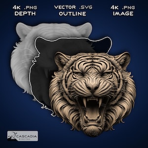 Cabeza de tigre: imagen PNG 4K grabada con láser, mapa de profundidad, archivo de corte de contorno exacto, ilusión 3D: fuerza, naturaleza, vida salvaje, depredador, animal 1433